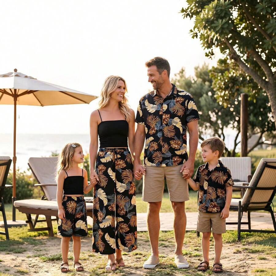 PatPat Family Matching Floral Print Beach Wear Short-Sleeve Shirt Or Camisole Top And Wide-Leg Pants Set For Summer Vacation Family Looks - 黑與白 - 查看 1