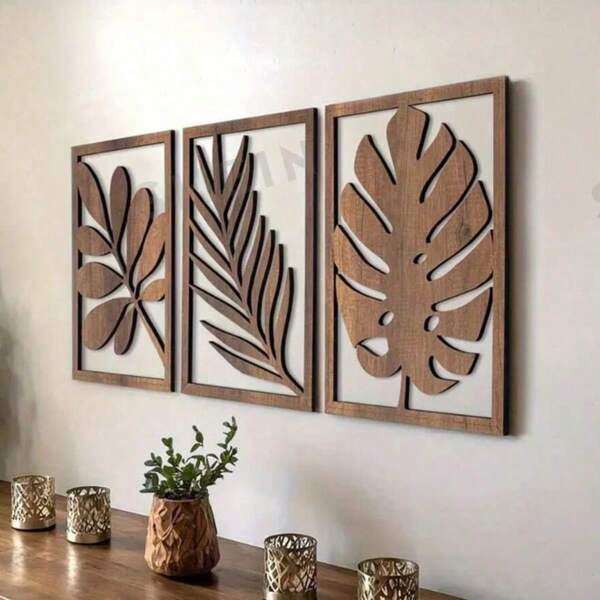 3pcs Vintage Wooden Leaf Wall Art Set - Self-Adhesive, Easy To Install, Reusable, Matte Finish, Suitable For Living Room, Bedroom, Office Decor | Vintage Wall Art | Wooden Frame Wall Paintings, Wall Decor