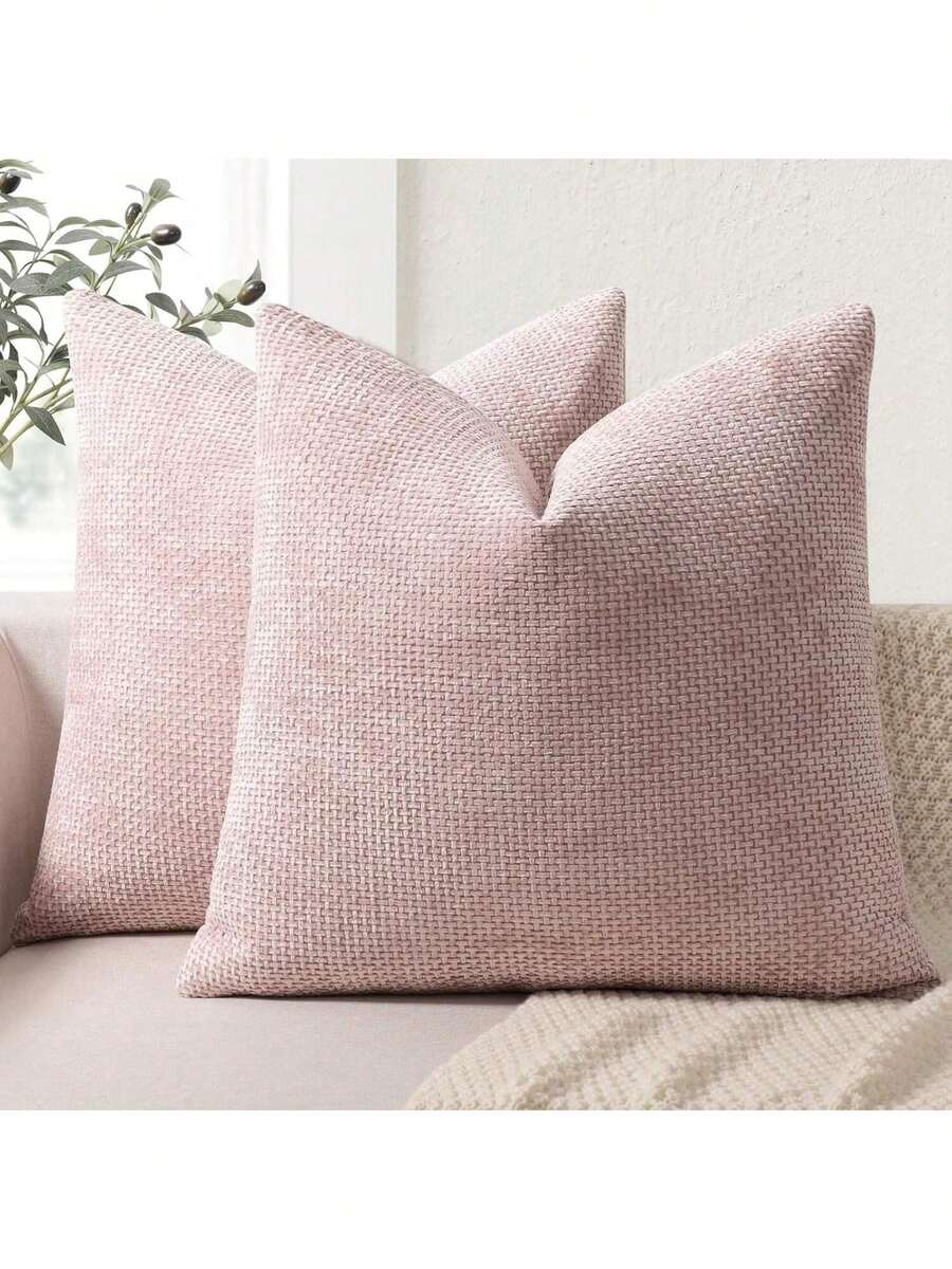 1pc Chenille Decorative Pillow Cover, Soft Woven Texture Luxury Cushion Cover For Bed And Living Room Sofa - Pink - View 1