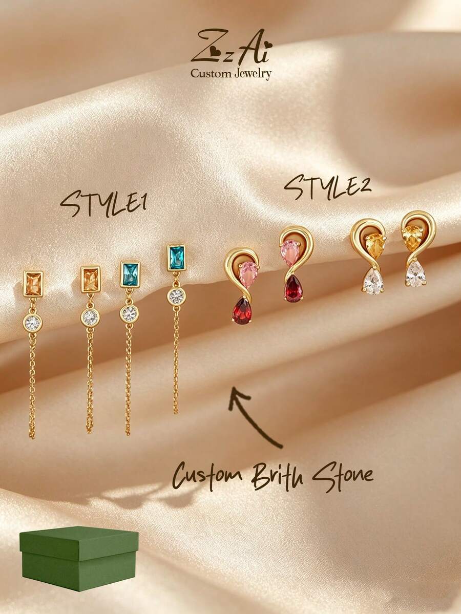 Bông tai đá quý theo tháng sinh, bông tai vòng đá quý cá nhân hóa, quà tặng Ngày của Mẹ cho phụ nữ, bông tai đinh tán vàng đá quý thanh lịch - Vàng - Xem 1