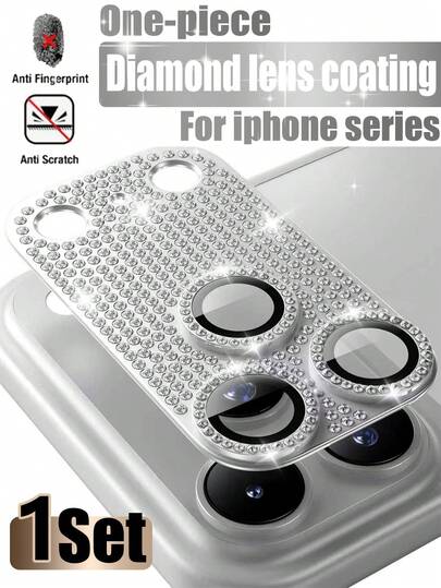 MIGAE 1pc Metal Diamond Coated Protective Film, Suitable For IPhone 17 Pro Max/16/15/14/13/12/11/Pro/Pro Max/Plus/Mini, Suitable As Birthday, Family And Friend Gifts, Sparkling Crystal Texture, Lens Protector, Phone Accessory, Waterproof, Shockproof, Scratch-Resistant, Anti-Fingerprint, Full Coverage