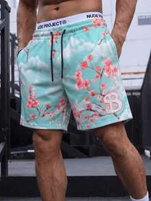 FRACTYR 男士夏季休闲街头时尚樱花、蓝天、白云双面印花宽松运动短裤，美式高街风格，透气百搭 - 藍色 - 查看 7