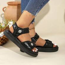 Women's Thick Sole Platform Quilted Rhinestone Round Buckle Hook And Loop Open Toe Sandals PU Material Summer Daily Casual Versatile Sandals - Black - View 6