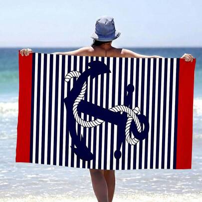 1条航海/锚/条纹印花沙滩巾、浴巾、泳池巾，高吸水性柔软超细纤维材质，适用于沐浴、游泳、健身、瑜伽，轻便易携，防晒，适合度假、摄影、浴室装饰。提供6种尺寸可选，可选配收纳袋（21x28厘米），（沙滩巾最小尺寸：35*75厘米）