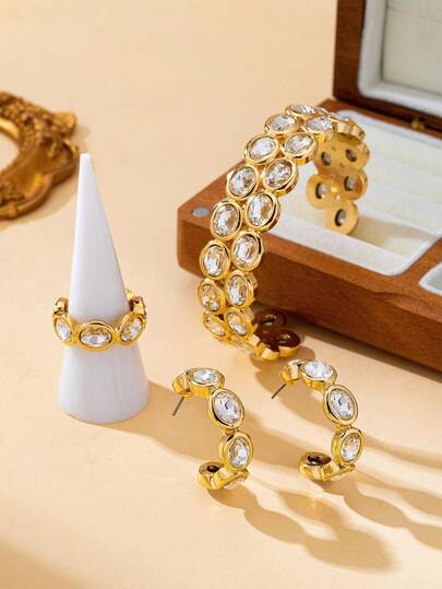 Luxury Alloy Material High Sparkle Diamond (Glass) Bracelet, Ring, Earrings, Perfect Match For Daily, Evening, Wedding Occasions