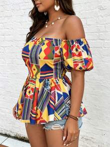 2026 Spring Plus Size Women's Geometric Print Off-Shoulder Short Sleeve Casual Vacation Top, Fashionable & Slimming Summer - Multicolor - View 7
