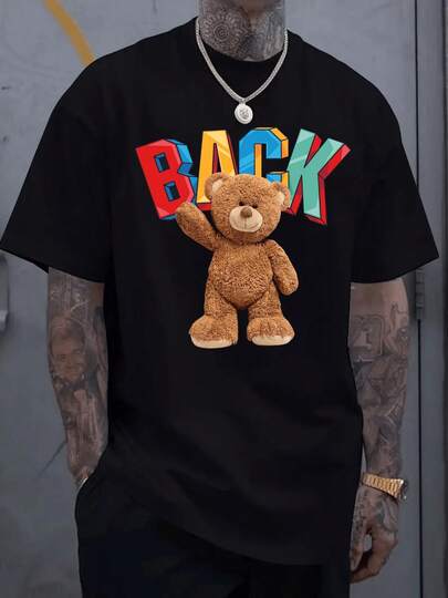 Camiseta Casual de Hombre con Diseño Gráfico de Oso de Peluche y Letras Coloridas,Estilo Urbano para un Look Moderno y Cómodo. POHJ