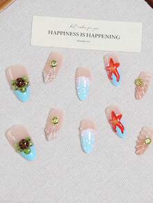 30pcs Summer Ocean Holiday Gel Nail Sticker,Almond Shaped,Sea Star Shell Sea Turtle Wave,Including 1 Jelly Gel And 1 Nail File,Suitable For Women/Girls' Daily Life, Beauty, Graduation Season,Travel,Press On Nail Patches, False Nails, Nail Supplies - Multicolor - View 2