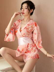 1件可爱性感日式印花半透明和服浴袍 - 粉色 - 查看 1