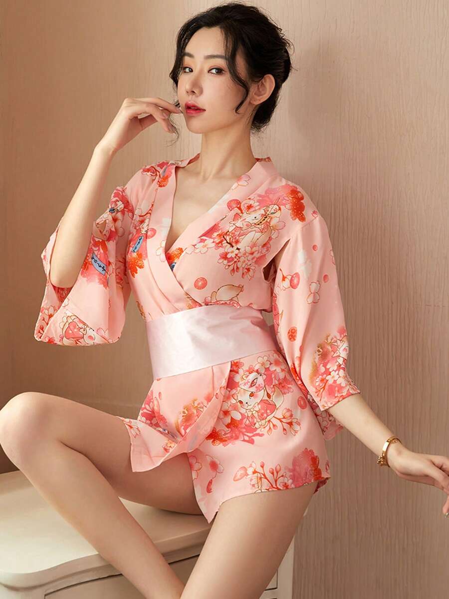 1件可爱性感日式印花半透明和服浴袍 - 粉色 - 查看 1