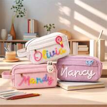 1pc Customized Name Corduroy Pencil Case, Personalized Colorful Pencil Box, Large Capacity, Children School Supplies Pencil Pouch, Customized Learning Gift, Back To School Season, Children Birthday Gift, Perfect Gift - Multicolor - View 7