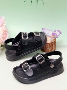 1 Pair Baby Buckle Sandals, Fashionable Versatile Comfortable Flat Slides, Unisex Children Beach Shoes - Black - View 4