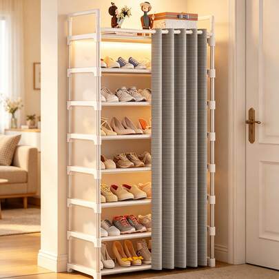 5/6/7/8-Tier Dustproof Shoe Rack With Cover, Large Capacity Shoe Storage Organizer With Gray Curtain, Easy Assembly Shoe Cabinet For Entryway, Closet, Hallway, Holds 20-32 Pairs, Space Saving Shoe Shelf For Home Dorm