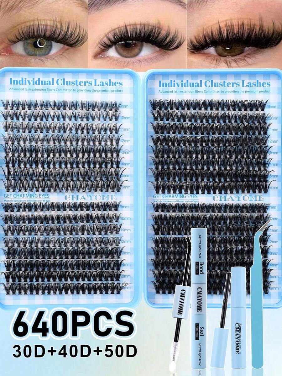 640片装（30D+40D+50D）DIY睫毛嫁接套装 - 包含假睫毛、胶水、卸妆液、镊子和刷子，专业人士和新手均可轻松上手，在家即可轻松使用。睫毛嫁接入门套装：包含假睫毛、胶水、卸妆液和工具的一体式套装，让您在家也能轻松打造专业级美睫效果。