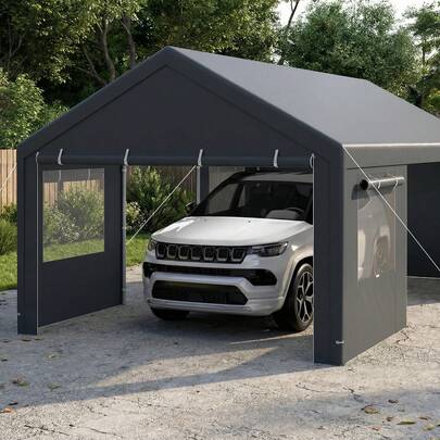  COSTWAY Carport, 586 X 305 Cm Heavy-Duty Car Canopy With Roll-Up Ventilated Windows &  Removable Sidewalls & Doors, Metal Frame, Water-Resistant PE Tarp, Outdoor Car Shelter For Truck & Party, Grey/White