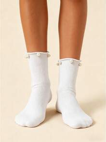 1 Pc Women's Pearl Trim Thin Crew Socks For Spring & Summer, Rolled Edge Straight & Slouchy Socks, Versatile For Lolita & JK Style, Must-Have Mid-Calf Socks For Daily Wear - Multicolor - View 2