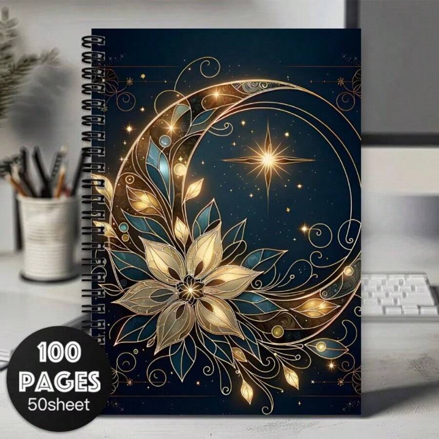 1 pieza Cuaderno de espiral con diseño de vidrio esmerilado floral de ángel - Elegante diseño dorado y azul, perfecto para escribir diarios, listas diarias, ideal para familia, amigos, colegas - G - Ver 1