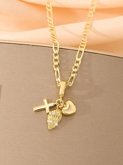 1PC Catholic Vintage Multi-Pendant Necklace (Conch Zirconia-Inlaid Main Pendant + Sacred Heart + Cross), Exclusive For Girl, Made Of 14k Gold-Plated Copper, Zirconia In Conch Creates Retro Shine, Suitable For Daily Commute, Worship And Festivals, Religious Accessory Combining Faith And Elegant Texture