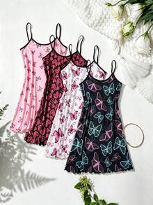 4pcs Women's Heart Print Nightgowns Spaghetti Strap Lettuce Trim Mini Night Dress Sleepwear - Multicolor - View 2