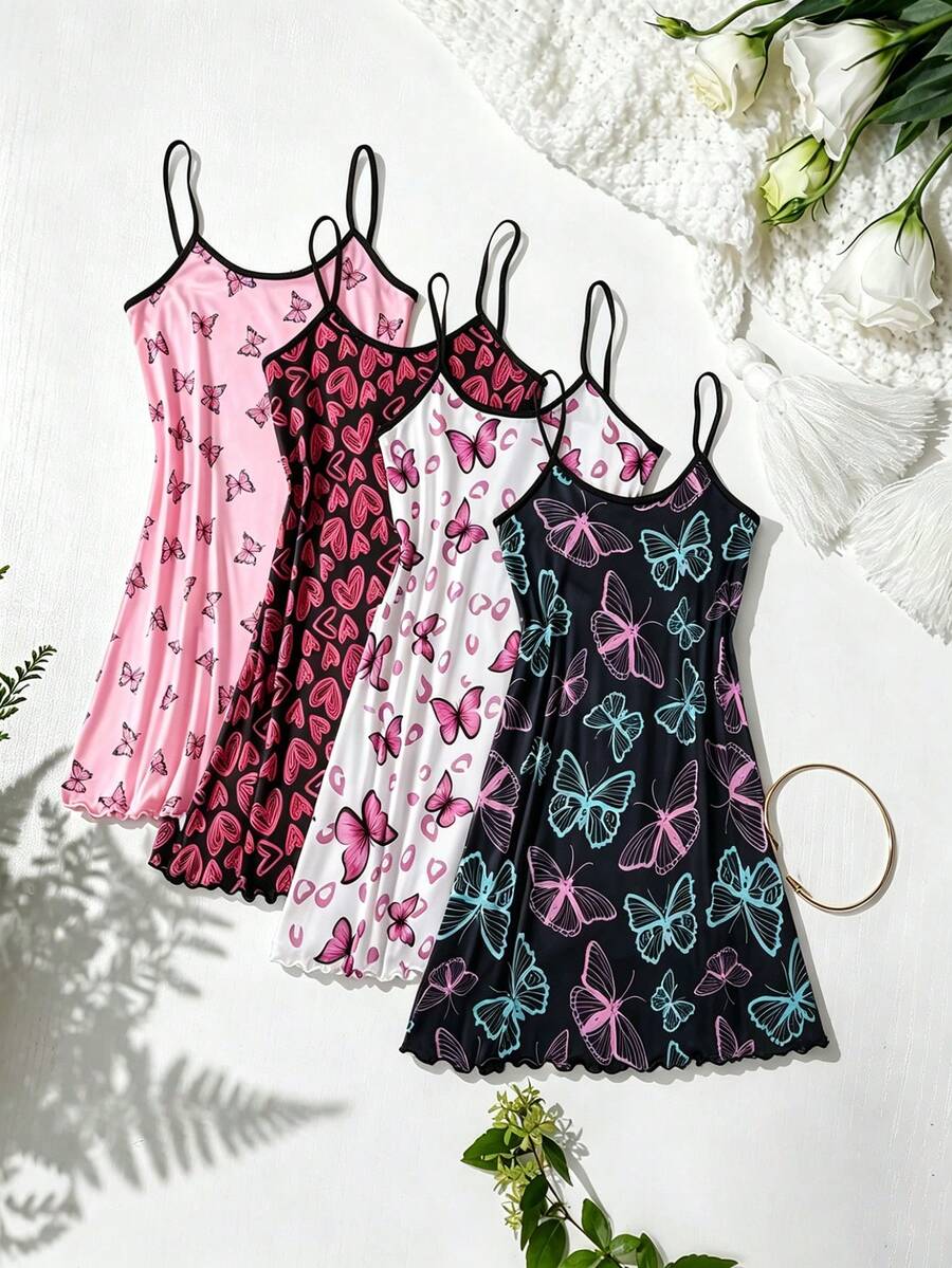 4pcs Women's Heart Print Nightgowns Spaghetti Strap Lettuce Trim Mini Night Dress Sleepwear