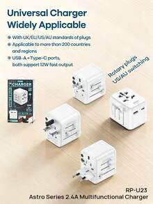 REMAX All-In-One Travel Charger, Compatible With Laptops And Phones, Interchangeable UK/EU/US/AU Plugs, Type-C + USB-A Dual Port 12W Fast Charging, Compact And Portable - White - View 6