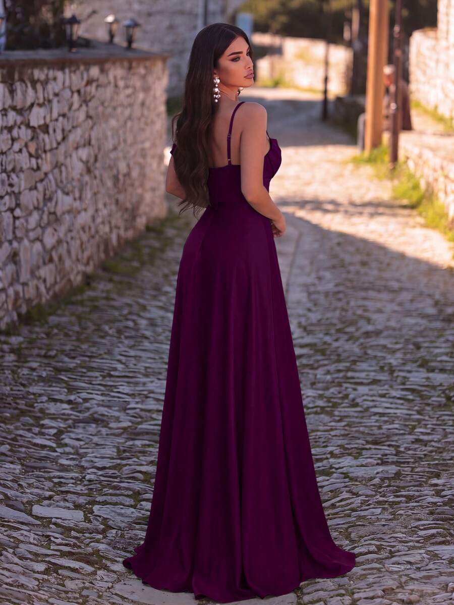 Faeriesty Elegant Sleeveless Maxi Knit Bridesmaid Dress With Back Slit, Suitable For Spring/Summer Weddings And Events - Purple - View 1