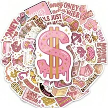 50张粉色和金色“富婆”主题金钱贴纸，励志理财剪贴簿素材，适用于工艺品、笔记本、笔记本电脑、手机、墙壁、汽车，可移除艺术贴纸 - 50pc-金錢主題貼紙 - 查看 1