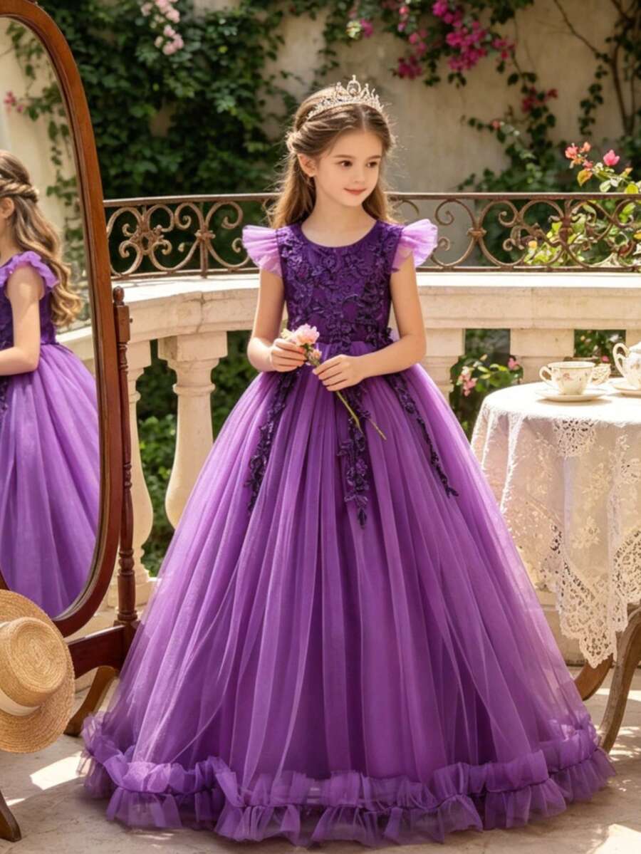 Vestido de niña de las flores con bordado largo, vestido de princesa para niñas, vestido de dama de honor para boda, vestido de ocasión formal para recital de piano