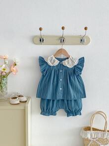 طقم بنات، شورت أزرق وأبيض مخطط بلا أكمام، توب بأكمام قصيرة مزين بالدانتيل + شورت بحاشية مكرمشة، صيفي - ازرق ضبابي - مشاهدة 2
