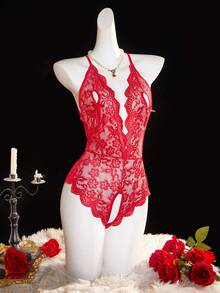 Deep V Lace Backless Bodysuit, Crotchless Open Bra Erotic Lingerie & Underpants, Women's Sexy Clothing - Red - View 1