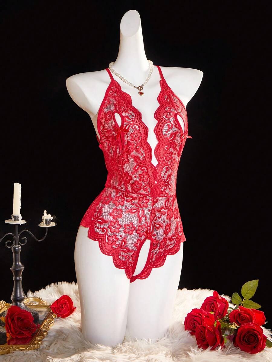 Deep V Lace Backless Bodysuit, Crotchless Open Bra Erotic Lingerie & Underpants, Women's Sexy Clothing - Red - View 1