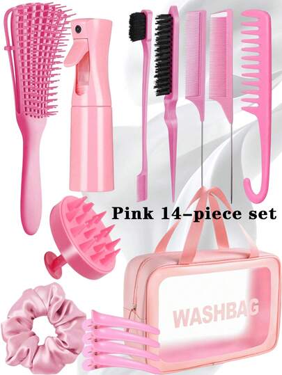 This 14-Piece Professional Hair Styling Kit Brings Together A Collection Of High-Quality, Salon-Grade Tools Specifically Designed For Home Use. The Set Includes A Large-Capacity, Portable PVC Travel Storage Bag, Along With A Ventilated Detangling Brush, Spray Bottle, Sectioning Comb, Scalp Massage Brush, Hair Clips, And More.