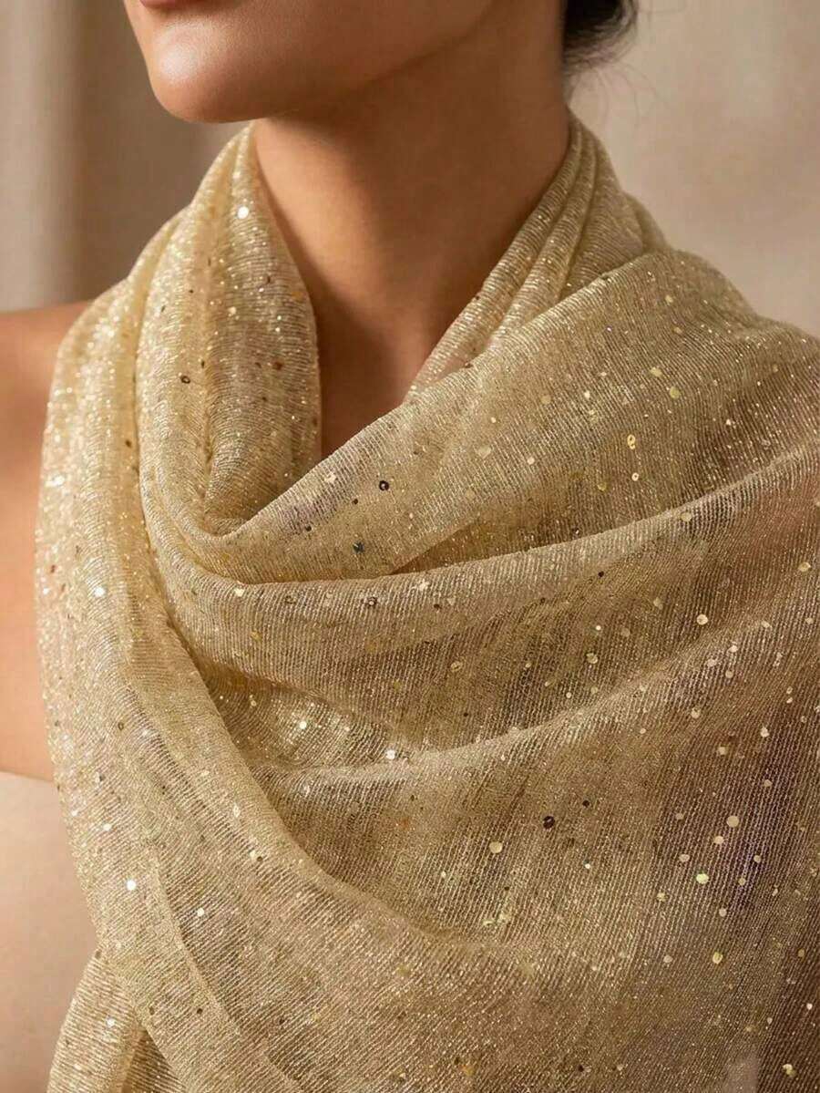 1pc Women's Lightweight Solid Color Sequin Bandana Scarf, Headscarf, Hijab, Decorative Shawl, Beach Wrap, Suitable Daily Use - màu đen - Xem 1