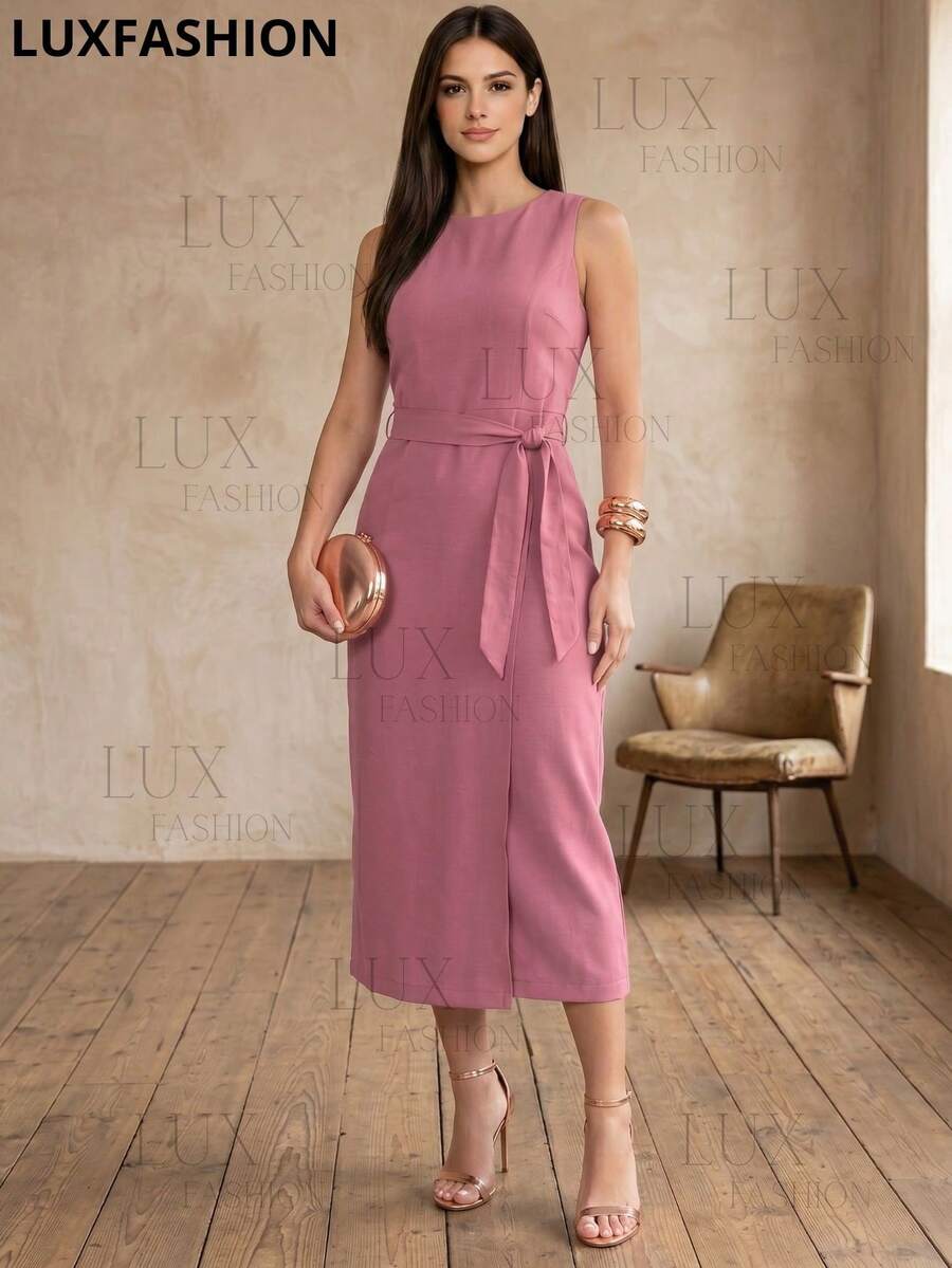 Elegant Women's Tailored Midi Dress With Tie And Slit - Baby Pink - View 1