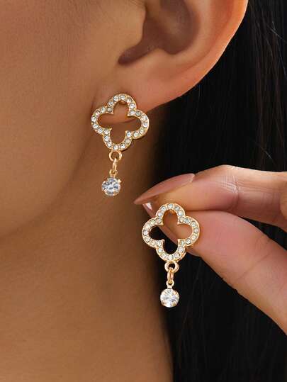 1 Đôi bông tai mặt dây chuyền hình cỏ bốn lá rỗng, lấp lánh, thanh lịch, tối giản, đa năng dành cho nữ