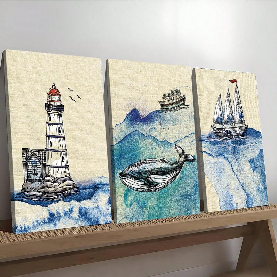 3pcs Modern Abstract Sailboat Whale Lighthouse Wall Arts Canvas Posters, High-Definition Printing Optional Frame, Suitable For Living Rooms, Bedrooms, Bathrooms, Offices, Cafes, Gyms, Home Holiday Decorations, Printed Materials - Multicolor - View 1