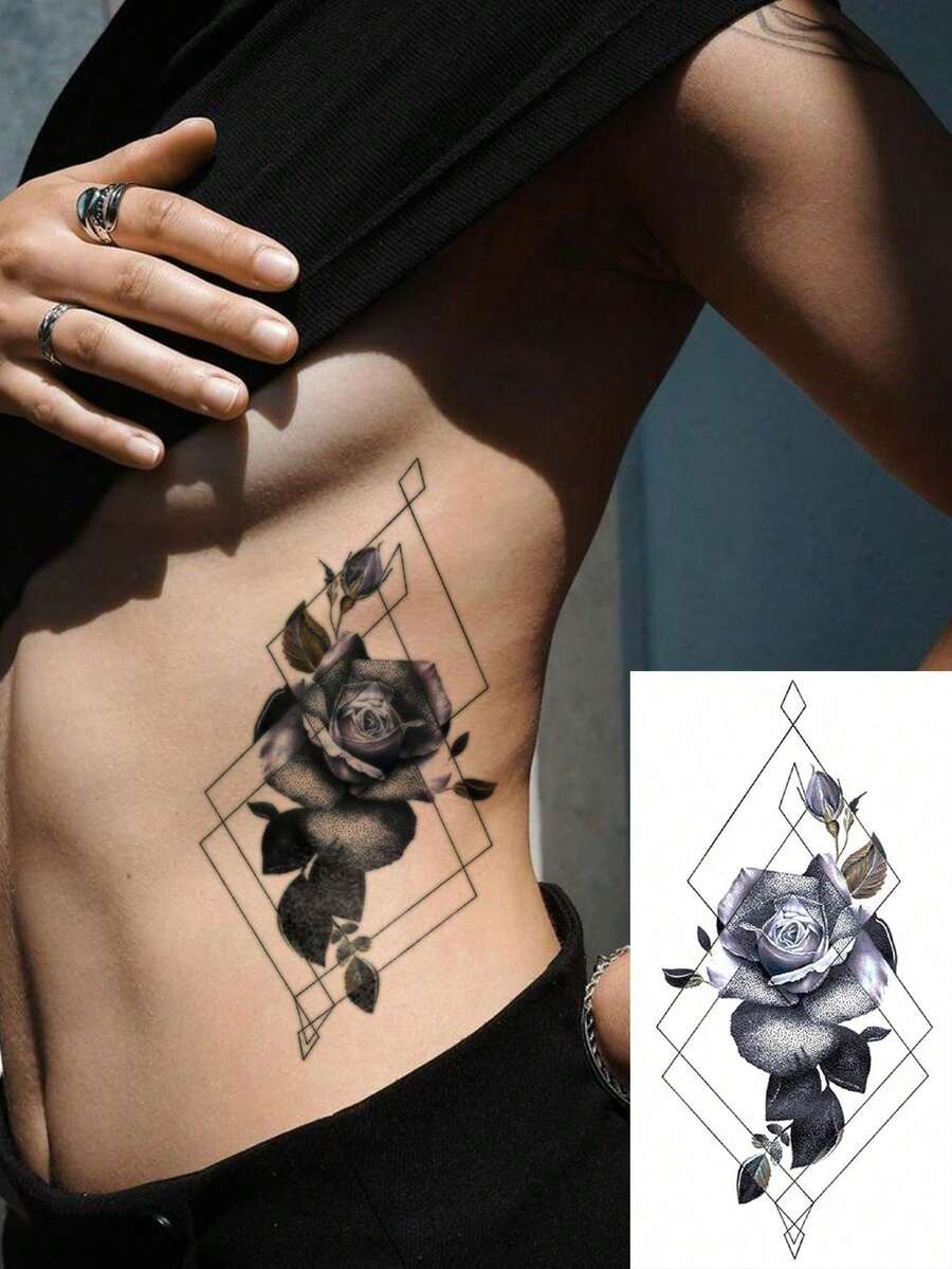 1 Sheet Men's Body Art Waterproof Temporary Tattoo Sticker, Black Geometric Line Rose Pattern, Lasting 2-5 Days, Can Cover Scars, Suitable For Arms, Wrists, Shoulders, Legs, Waist, Neck, Hands, Chest, Thighs, Fingers And Other Parts, Suitable For Body Decoration, Holidays, Gifts, Parties, Music Festivals And Other Occasions,Sketch Style - Multicolor - View 1