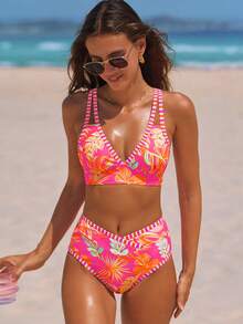 popvil Bộ bikini nữ họa tiết nhiệt đới, cạp cao, lưng buộc chéo, cổ chữ V, thích hợp cho kỳ nghỉ hè. - Màu Hồng Tươi - Xem 3