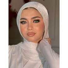 1pc Women's Basic Solid Color Silk-Like Elegant Shimmery Soft Headscarf, Arabian Casual Long Scarf, Conservative Plain Hijab Suitable For Daily Use For Dress - trắng - Xem 3