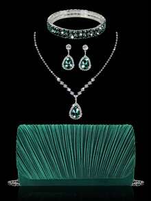 优雅褶皱手拿包，时尚女士晚宴包和舞会包，搭配闪亮的三件套水钻首饰：闪亮水钻项链、耳环和手链，适合派对、舞会、聚会和晚宴。 - 綠色 - 查看 9