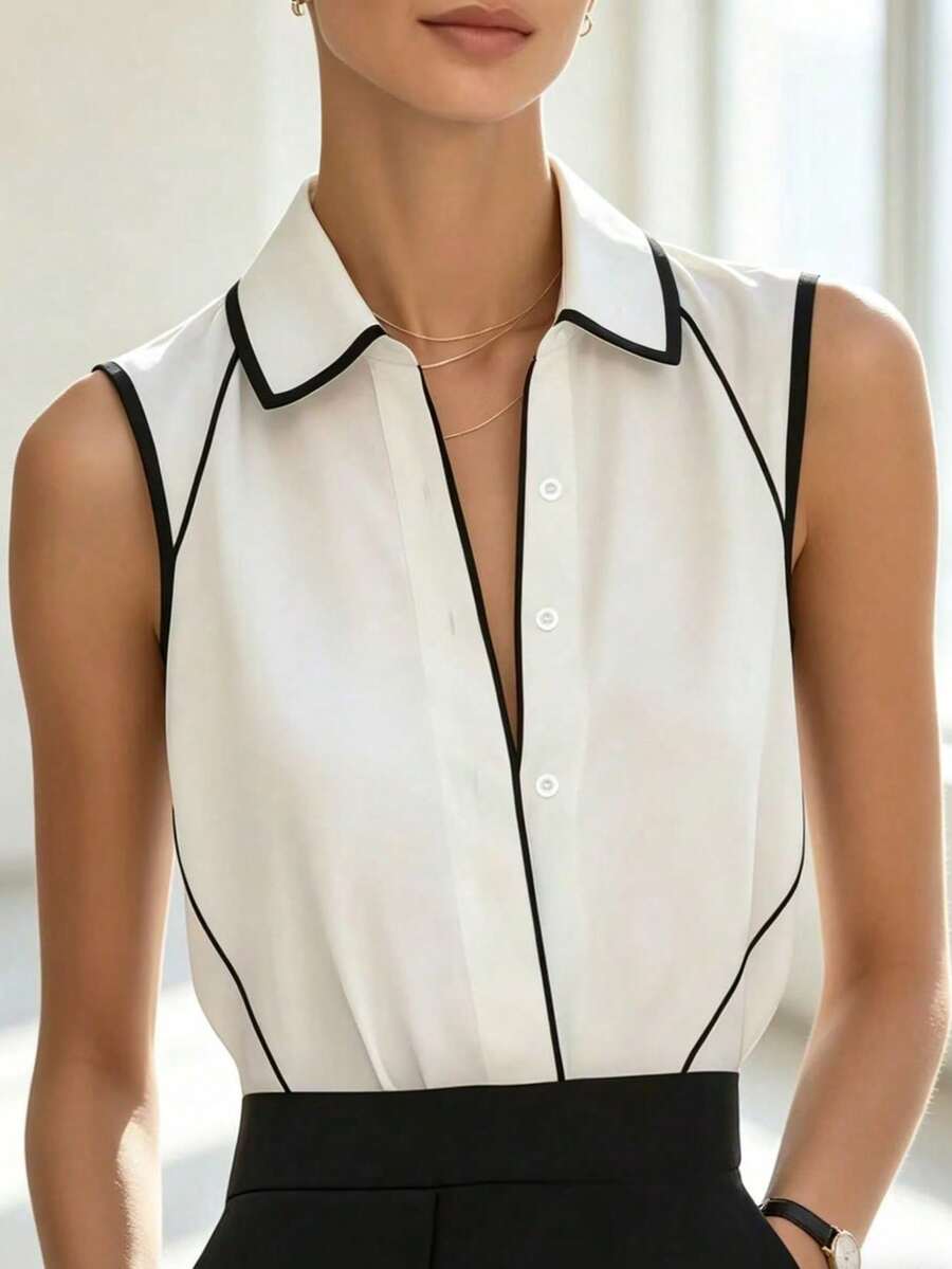 Women's Elegant Casual Color Block Patchwork Front Shirt, Suitable For Office Wear White Summer - White - View 1