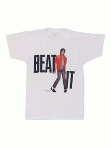 Conjunto De Hombre Men's Retro Beat It Album Cover Graphic T-Shirt - Featuring The Official Iconic Pose And Signature Red Jacket Design, This White Crew Neck Casual T-Shirt Boasts A Striking Beat It Graphic, Making It A Collectible Gift For Music Fans. Perfect For Concert Wear, It's Retro-Chic, Durable With A Print, Comfortable And Stylish All Year Round. The Graphic-Printed Knit Cotton T-Shirt Is Machine Washable. - Fashion Apparel - trắng - Xem 7