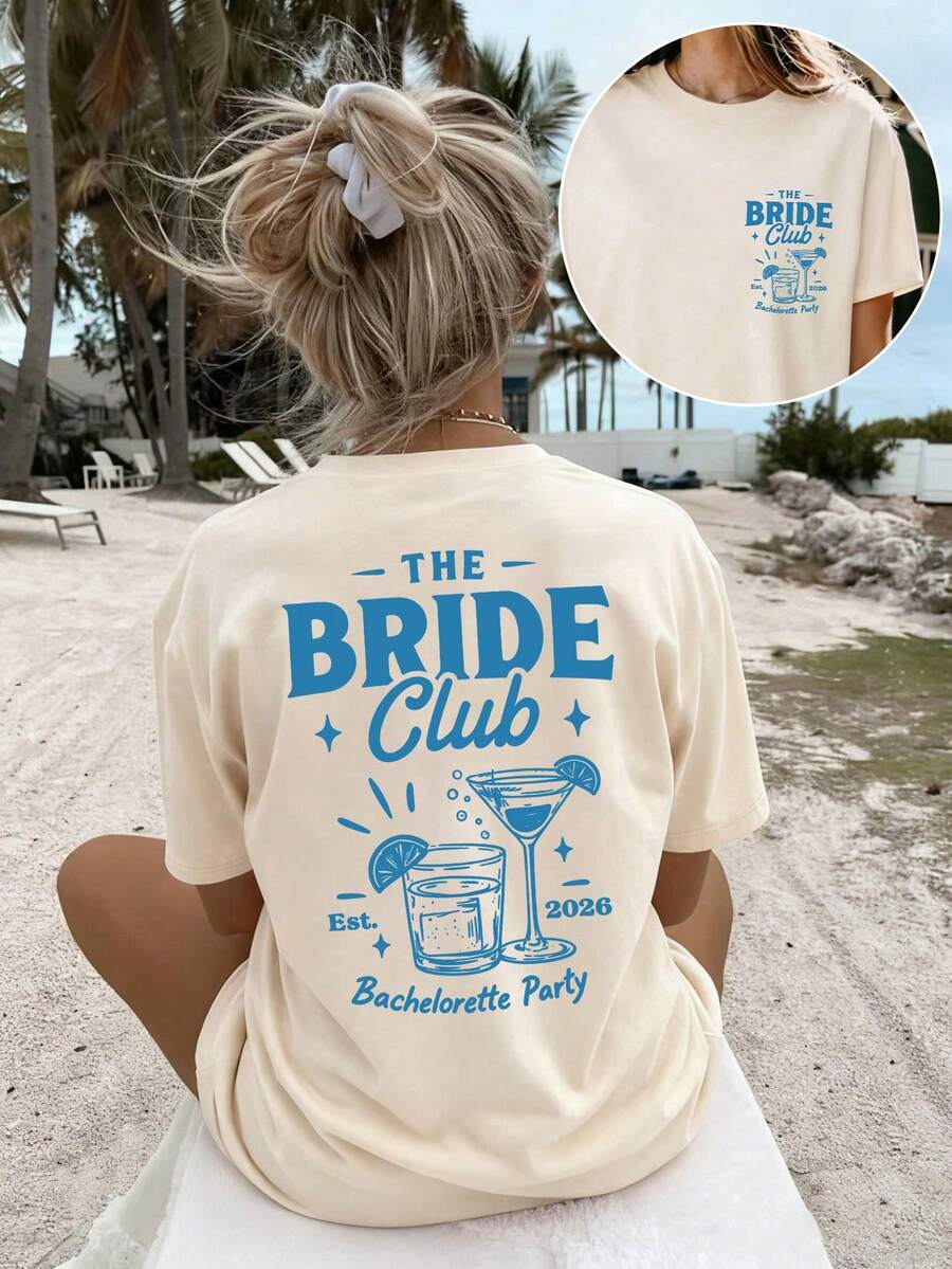 Áo thun cỡ lớn in hình The Bride Club dành cho tiệc độc thân, dáng rộng, cổ tròn, tay ngắn, phong cách thường ngày mùa hè. - Màu be - Xem 1
