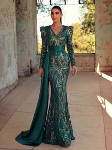 Đầm đuôi cá dài tay đính sequin dành cho nữ, thiết kế cổ chữ V tay phồng với khóa kéo trang trí, thích hợp cho các buổi dạ tiệc. - Màu xanh lá cây đậm - Xem 3