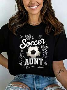 Women's Casual Round Neck Summer Tops Soccer Aunt Cute Heart Football Game Day T-Shirt Women Casual Short Sleeve T-Shirts Spring Outfits For Women Versatile For SummerSummer Short-Sleeve T-Shirt, Vintage-Style Women's Top, Perfect For Festivals And Sports Events. Simple And Casual, Great Value For Money. - 黑色 - 查看 2
