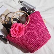 Woven Bag With Rattan Handles – Beach Bag In A Floral Beach Design – In A Rural Forest Holiday Style. Gifts For Mother's Day. - 玫紅色 - 查看 3