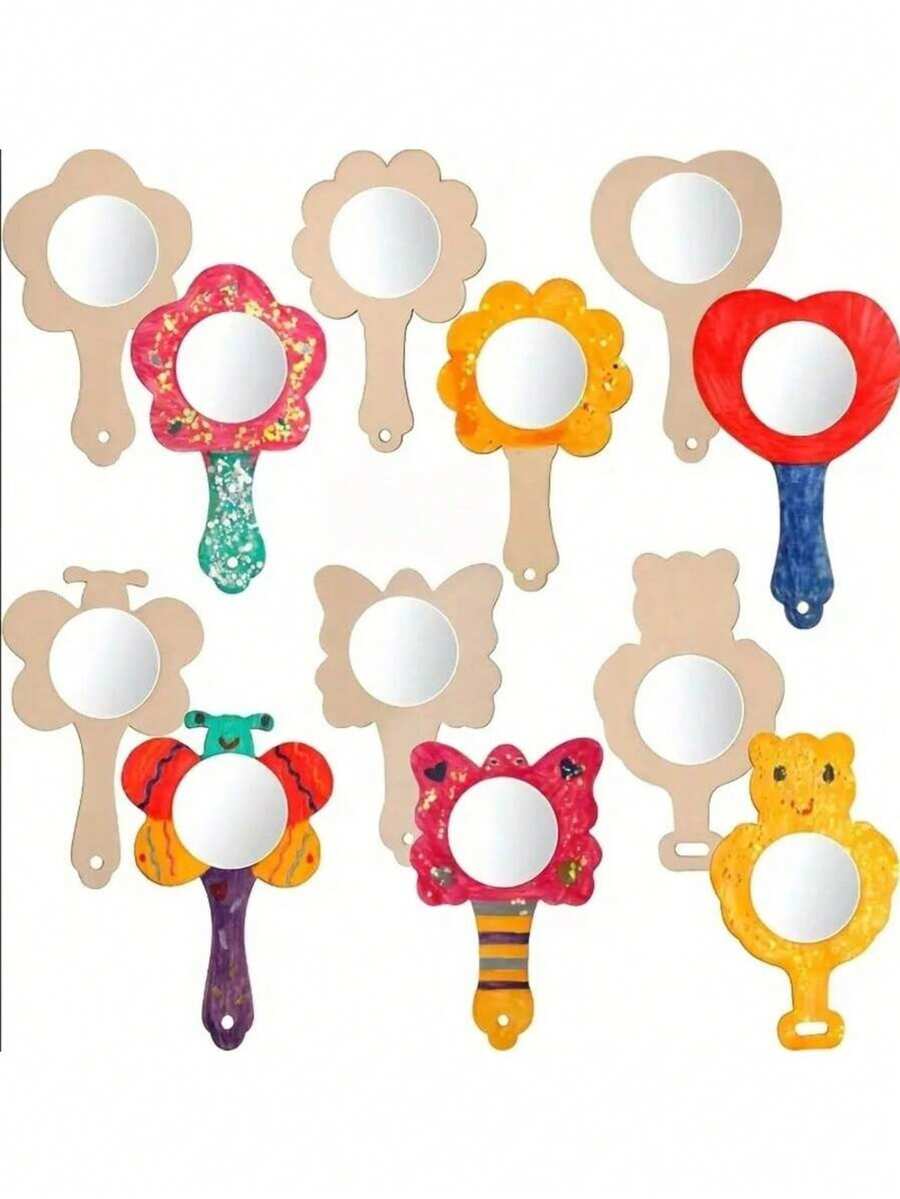12pcs Wooden DIY Handheld Mini Mirror Set - Multicolor - View 1