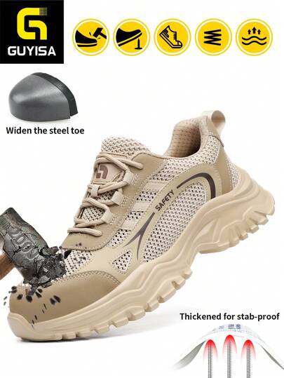 Men's Steel Toe Safety Shoes, Classic Series Anti-Smash Anti-Puncture, Summer Lightweight Breathable Comfortable Fashion Rubber Sole Khaki Work Shoes