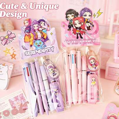 Hasbro Juego de papelería temático de K-Pop 6 en 1, caja de regalo de papelería multifuncional para estudiantes y uso de oficina, papelería de estilo coreano con bolígrafo y cuaderno de dibujos animados lindos de ídolos, adecuado para amantes de la música