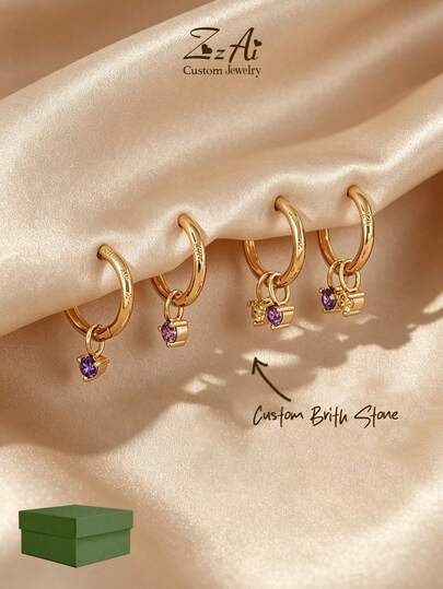 Bông tai đá quý theo tháng sinh, bông tai vòng đá quý cá nhân hóa, quà tặng Ngày của Mẹ cho phụ nữ, bông tai đinh tán vàng đá quý thanh lịch